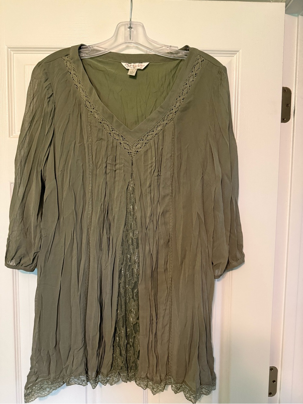 krazy kat Olive Green Crinkle Lace-Trim V-Neck Tunic